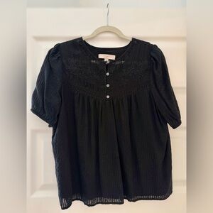 LOFT Black Floral Embroidered Blouse